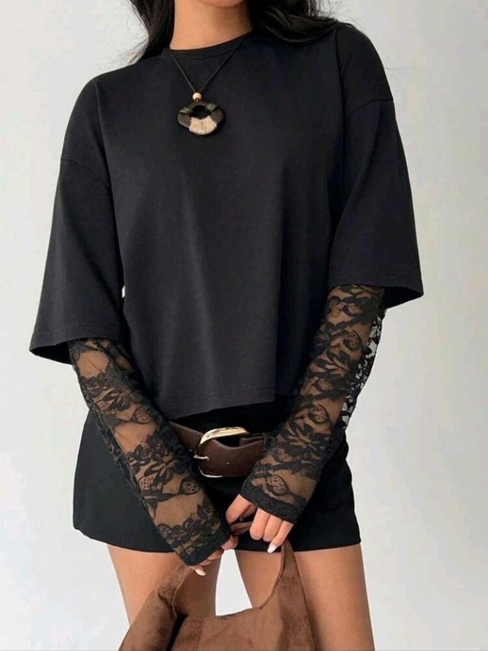 Women's Casual Solid Color Crew Neck Fitted T-Shirt, Sweet Lace Patchwork
